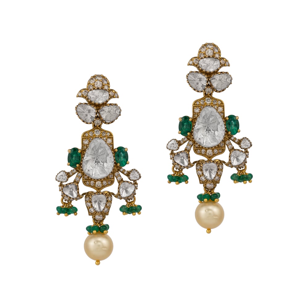 Antique Finish Earrings with Polki and Emerald Beads